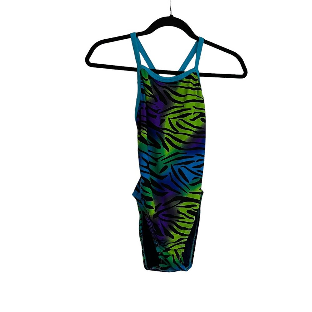 Waterpro Blue Purple Green Zebra Print One Piece Competitive Swimsuit Womens 30